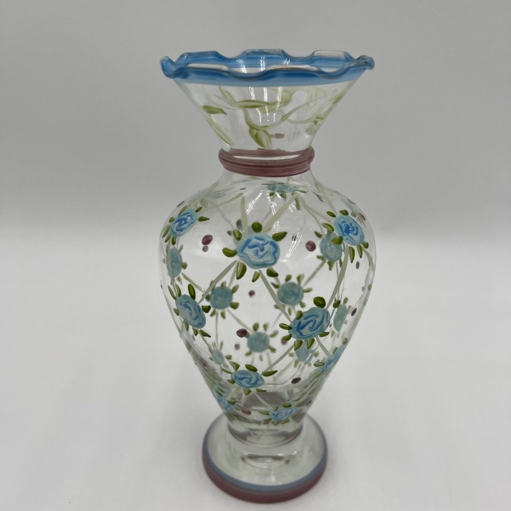 Tracy Porter Hand Painted Glass Vase blue flowers ruffle rim